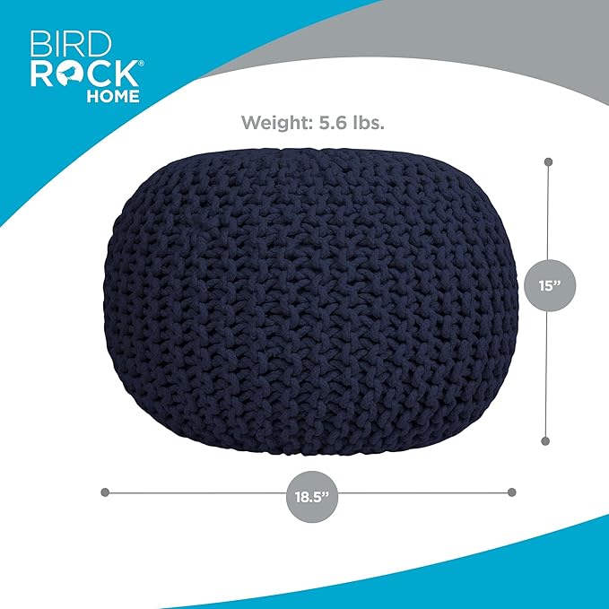 BIRDROCK HOME Round Pouf Ottoman | Cotton Braided Foot Stool with Bean Bag Filling | Boho Foot Rest for Living Room & Bedroom | Compact & Comfortable Seating, Lightweight & Soft | Navy-Ruum Studio Home
