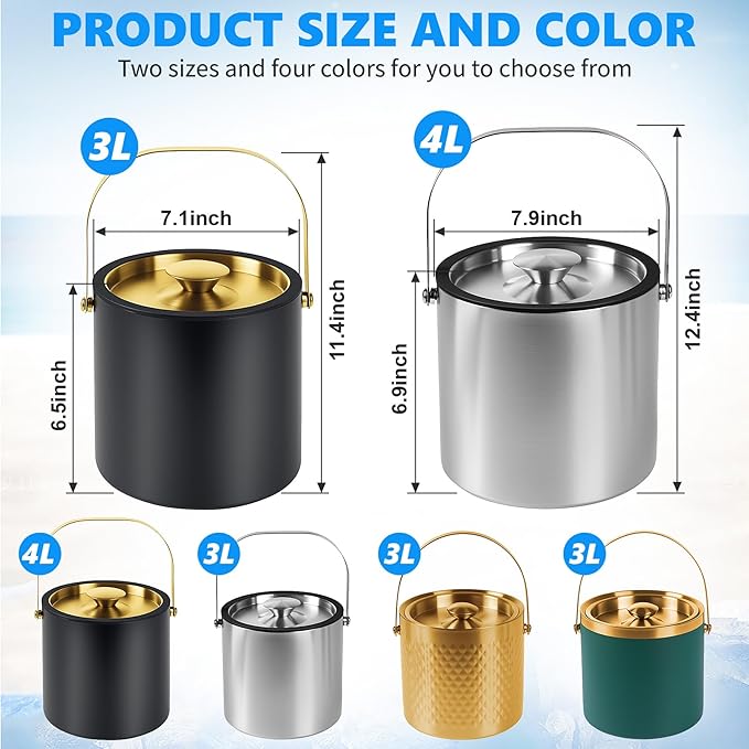 Ice Bucket, Green Ice Bucket 3L with Silicone Sealing Ring Double-Wall Vacuum Insulation Champagne Buckets with Filter Layer Ice Tongs Ice Scoop (Green, 3 L)-Ruum Studio Home