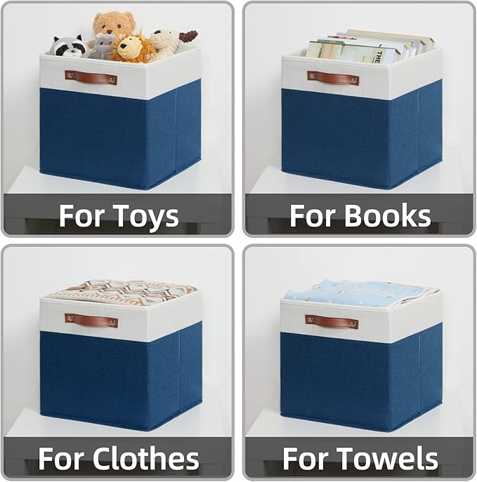 HNZIGE Fabric Storage Cubes Bins for Shelves,13x13 Storage Cubes, Set Of 4 Foldable Cubby Storage Bins for Organizing, Cloth Blue Storage Baskets for Cube Organizer Toy Nursery Shelves(Blue&White)-Ruum Studio Home