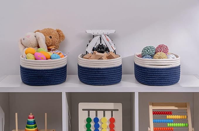 Off White&Navy Shelf Basket to Store and Organize Household Items/Baskets&Bins for Daily Storage &Organizing/Woven Rope Basket for Living Room, Bedroom,Small Oval-13x8.66x5.11’’,3 Packs-Ruum Studio Home