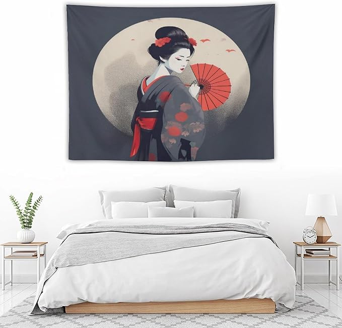 Japanese Woman Geisha Tapestry Asian Red Cherry Blossom Red Sun Traditional Kimono Folk Tapestries Home Decor for Living Room Bedroom Apartment Farmhouse Dorm 40"x30"-Ruum Studio Home