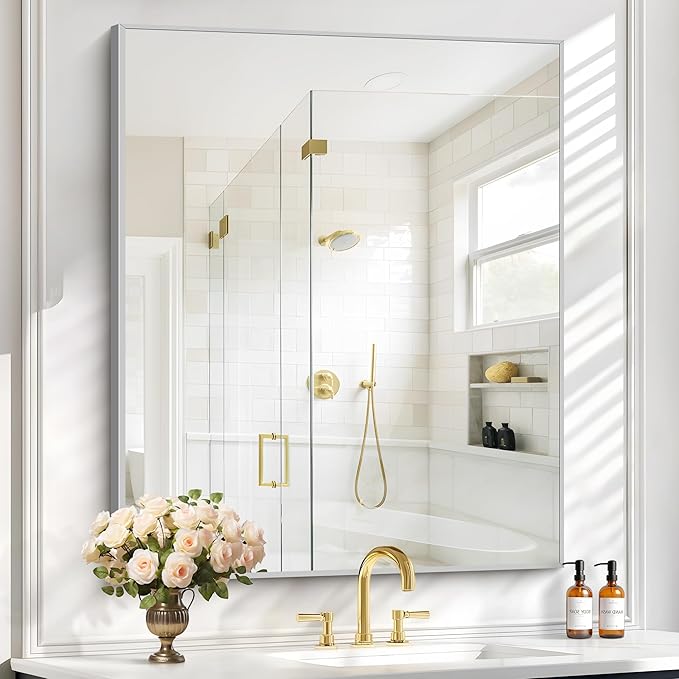 Silver Bathroom Mirror for Wall, 30x36 Inch Rectangle with Metal Frame, Modern Vanity for Bathroom Living Room, Entryway Hangs Horizontal or Vertical-Ruum Studio Home