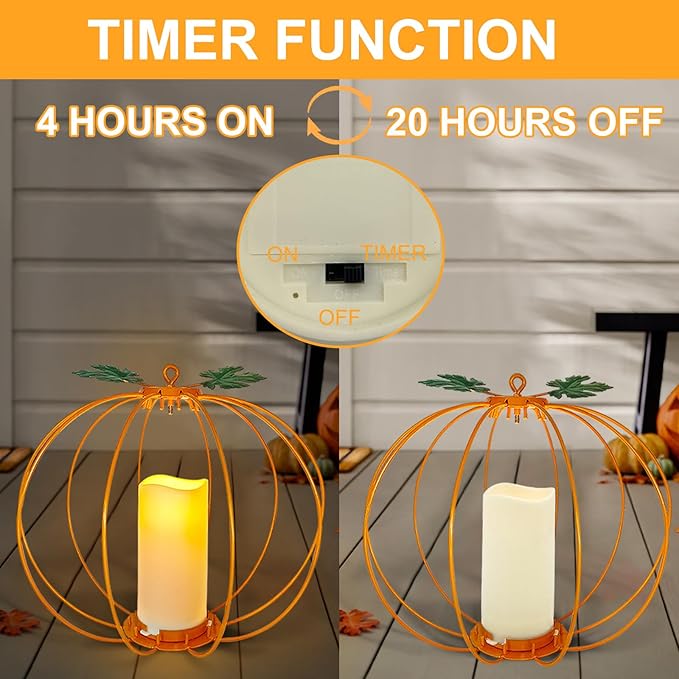 Halloween Metal Pumpkin Candle Holder, 3 Pcs Light up Orange Pumpkin Lantern with LED Flickering Yellow Candle Lights Build in Timer for Thanksgiving Halloween Harvest Fall Home Decor-Ruum Studio Home