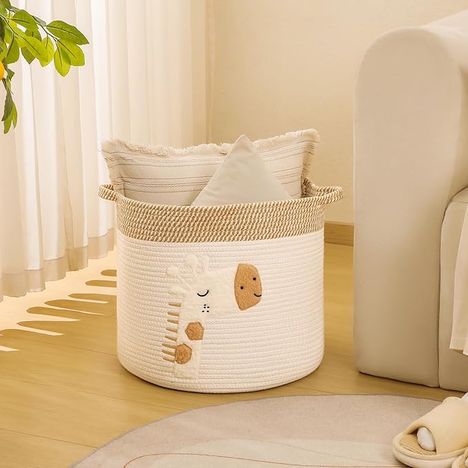 Large Blanket Baskets for Living Room Decor, Toy Storage Baskets Woven Cotton Rope Storage Basket for Kids, Dog Toys Organizer Clothes Hamper with Embroidery Decor for NurseryLaundry (Large, Giraffe)-Ruum Studio Home