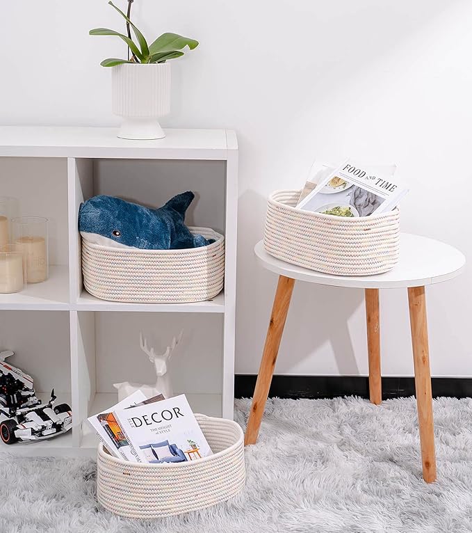 Baskets&Bins for Shelf Storage &Organizing/Cute Basket to Store and Organize Daily Items/Woven Rope Basket for Living Room, Bedroom,Playroom/Small Oval-13x8.66x5.11’’,3 Packs Rainbow-Ruum Studio Home