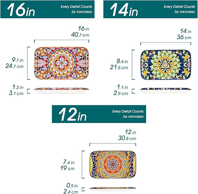 vancasso Serving Platters Set of 3, 16"/14"/12" Inch Rectangular Trays - Serving Platter Extra Large, Bohemian Ceramic Serving Dish for Entertaining Food, Microwave & Dishwasher Safe, Colorful-Ruum Studio Home