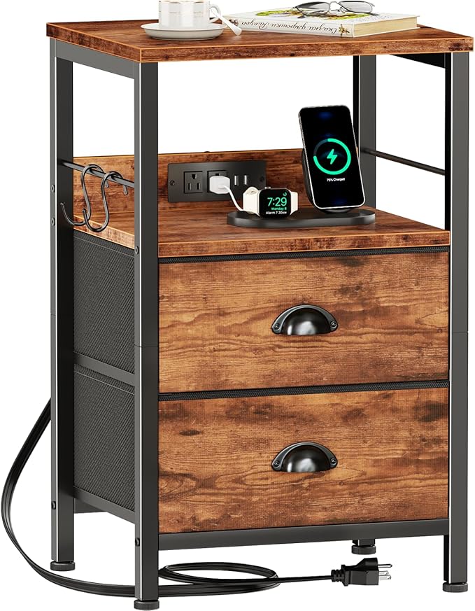 Furologee End Table with Charging Station, Nightstand with Fabric Drawers, Side Table with USB Ports & Outlets, Night Stand with Storage Shelf & Hooks, for Living Room/Bedroom, Rustic Brown-Ruum Studio Home
