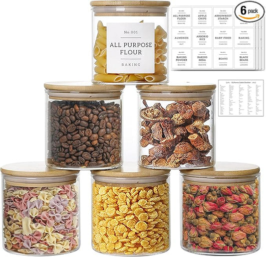 20 OZ Glass Food Storage Jars with 132 Pantry Labels Preprinted - 6 Pcs Thicken Glass Storage Containers with Airtight Bamboo Lid - Clear Kitchen Canister for Spice, Tea, Coffee, Sugar, Cookie, Candy-Ruum Studio Home