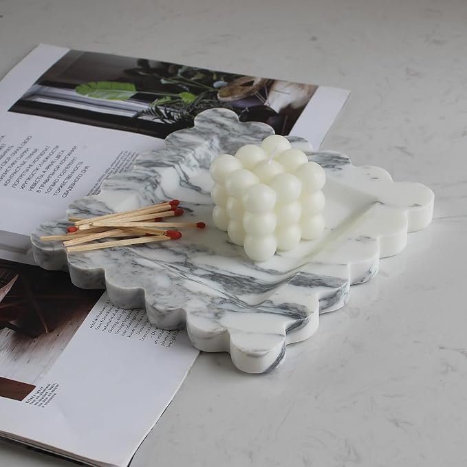 Natural Luxury Marble Tray with Scalloped Edge, Handmade Square Decorative Tray, Catch All Tray for Counter, Dresser, Nightstand and Home Décor (Arabescato Calacatta)-Ruum Studio Home