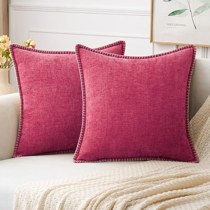 MIULEE Pack of 2 Couch Throw Pillow Covers 18x18 Inch Hot Pink Farmhouse Decorative Pillow Covers with Stitched Edge Soft Chenille Solid Dyed Spring Pillow Covers for Sofa Bed Living Room-Ruum Studio Home