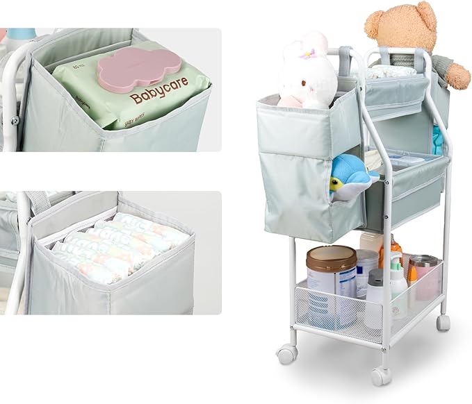 Moteph Rolling Utility Cart with Side Storage - Diaper Organizer, Nursery Essentials, and Craft Organizer (with_Side_Storage)-Ruum Studio Home