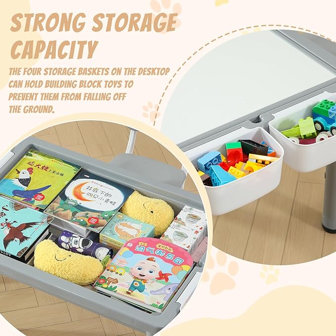 Multi Functional Kids Table and 2 Chairs Set, Graffiti & Building Blocks Double-Sided Tabletop, Toddler Play Table with Drawers, Large Storage Space, Gift for Boys/Girls, Gray-Ruum Studio Home