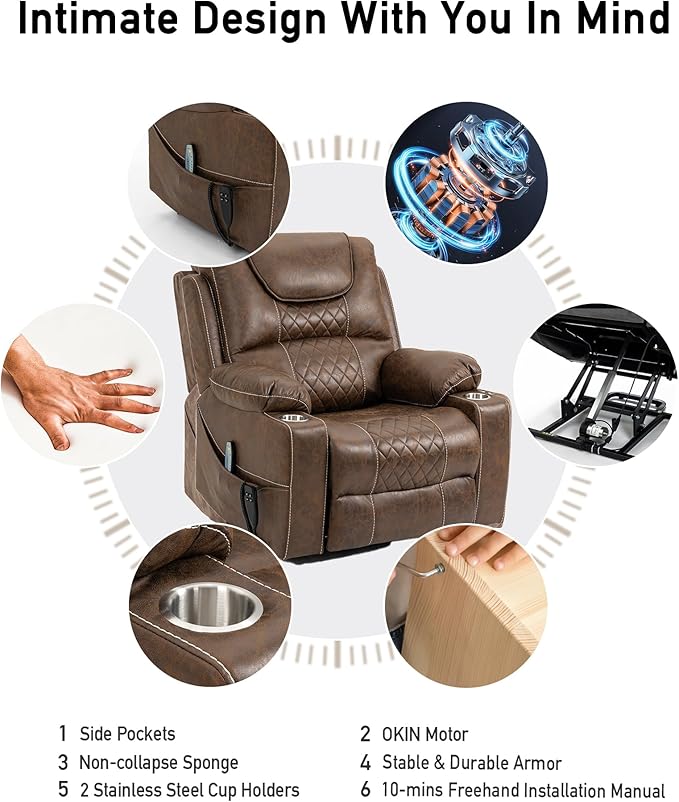 Large Power Lift Chairs Recliners for Elderly with Heated and Massage, Upgraded Dual Motor Lay Flat Recliners, 25in Extra Wide Seat, Cup Holder, Side Pocket…, Brown/Breathing Leather-Ruum Studio Home