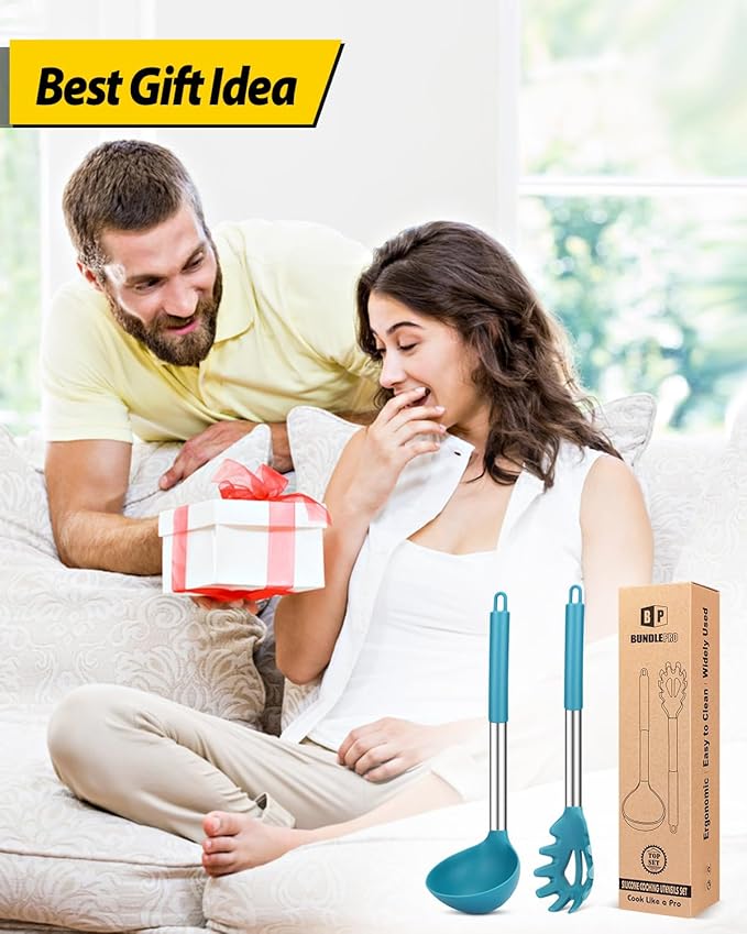 Silicone Pasta Fork and Ladle Spoon Set, Large Non Stick Kitchen Utensils for Cooking,Stirring,Serving Spaghetti, Soup, Sauce (BLUE)-Ruum Studio Home