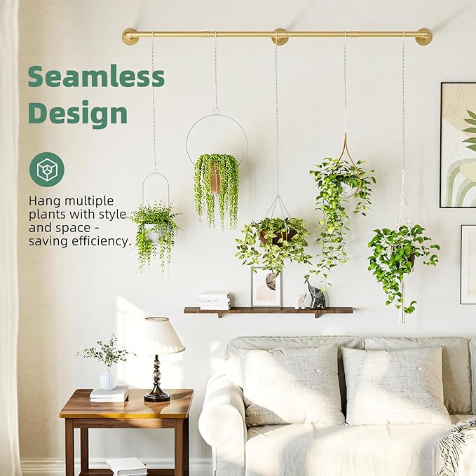 Plant Hanger Indoor Hanging Planters for Indoor Plants Hanging Plant Holder Window Plant Rod Gold Metal Shelves 63 Inch (Pot/Chains not Included-Ruum Studio Home