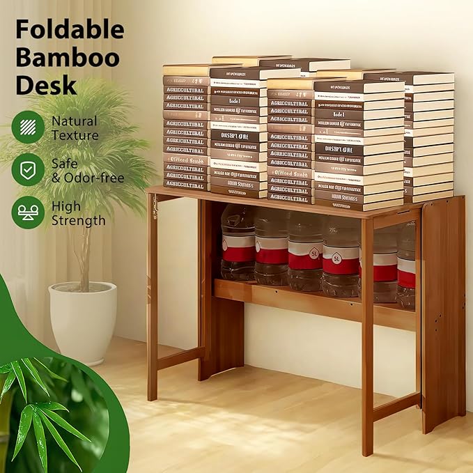 31.5" Bamboo Folding Desk,Space-Saving Computer Desk for Small Spaces, Foldable Study Table for Bedroom, Home Office, Dorm, Apartment（Brown-Ruum Studio Home