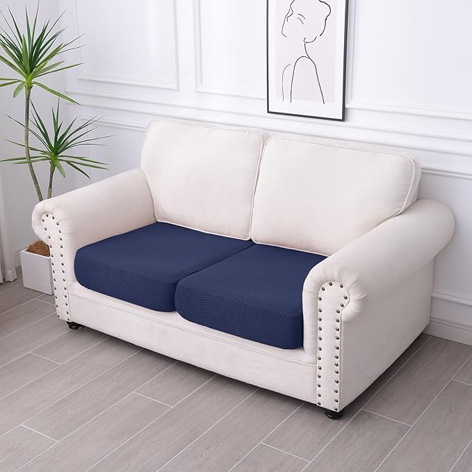 hyha Waterproof Couch Cushion Covers for Pets, Non Slip Sofa Seat Cover for Dogs Washable, Soft Thick Stretch Jacquard Fabric, Sofa Slipcovers with Elastic Bottom (2 Pieces, Navy)-Ruum Studio Home