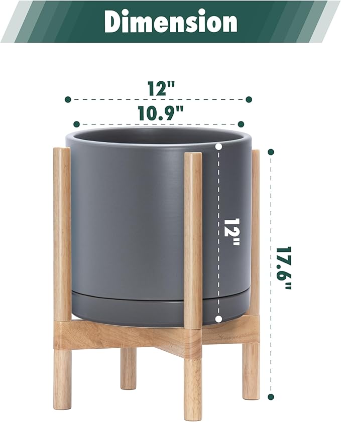 D'vine Dev Ceramic Planter with Natural Stand - 12 Inch Modern Round Flower Pot with Wood Planter Holder, Grey, 55-B-J-3-Ruum Studio Home