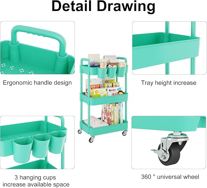 UDEAR 3-Tier Rolling Utility Cart,Multifunctional Storage Shelves with Handle and Lockable Wheels for Room,Office,Kitchen,Bathroom,with 3 Hanging Cups,Green-Ruum Studio Home