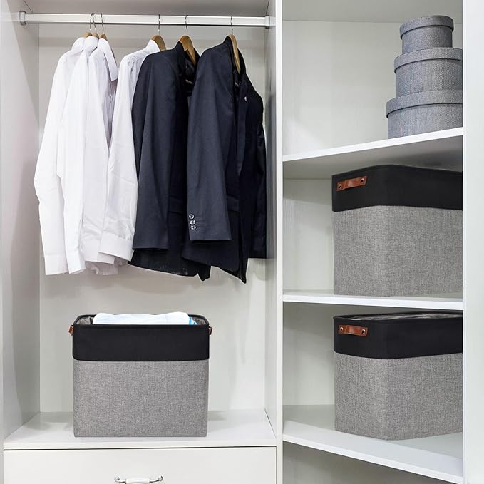 Large Fabric Storage Baskets | 50L Storage Bins, Decorative Linen Closet Baskets with Handles for Organizing, Shelf, Toys, Clothes, Home, Office, Nursery, 17x12x15Inches (Gray&Black)-Ruum Studio Home