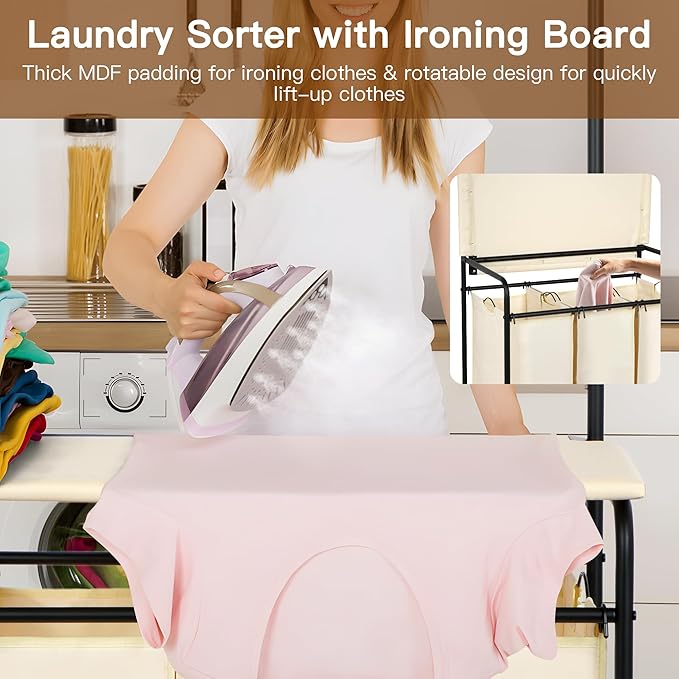 MYOYAY 3 Section Laundry Sorter with Garment Hanging Bar Rack Foldable Ironing Board, Laundry Basket Organizer Heavy Duty Laundry Hamper Rolling Cart with Lockable Wheels and 3 Removable Bags-Ruum Studio Home