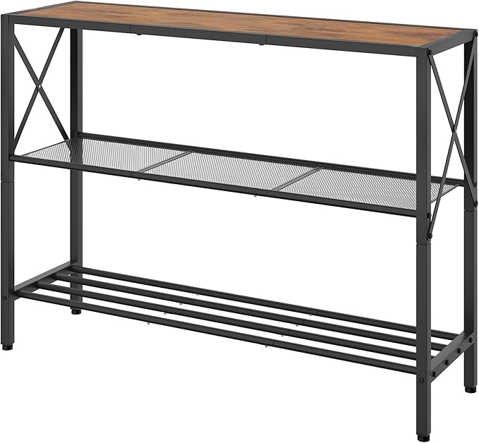 Hoctieon Industrial Console Table, 3 Tier Entryway Table, Hallway Table, Narrow Sofa Table with Shelves, Entrance Table for Entryway, Living Room, Foyer, Hallway, Office, Rustic Brown&Black-Ruum Studio Home