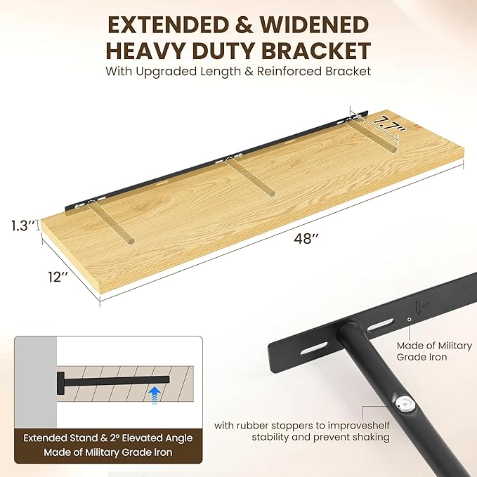 48" Floating Shelves for Wall, 12" Deep Slim Oak Floating Shelves, Wall-Mounted Shelves for Bedroom, Living Room, Kitchen, Bathroom - Set of 2-Ruum Studio Home