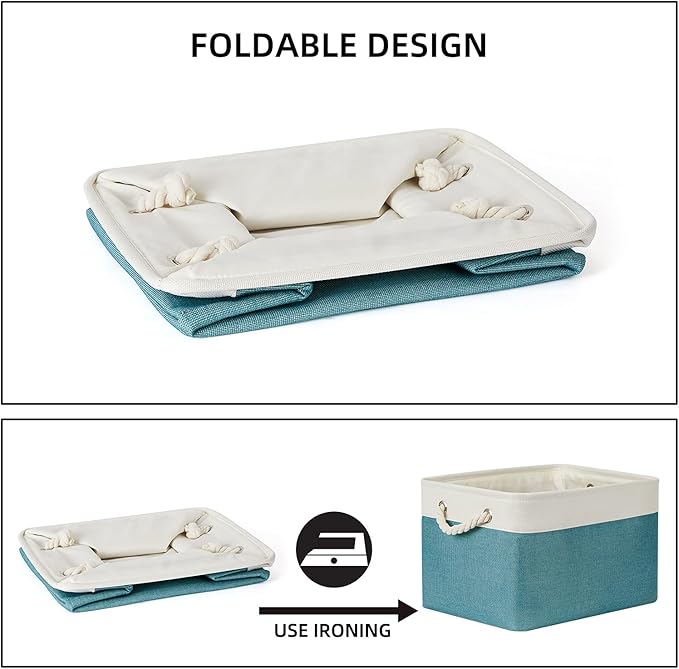 Bidtakay Basket Storage Bins with Handles Fabric Large Storage Baskets for Organizing Set of 3 Collapsible Rectangular Basket for Shelves Closet Organizer 15 X 11 X 9.5 Inches(White&Teal Blue)-Ruum Studio Home