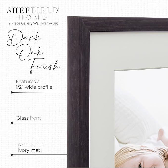 Sheffield Home 9 Piece Gallery Wall Frame Set, 12x12 Inch, Dark Oak-Ruum Studio Home