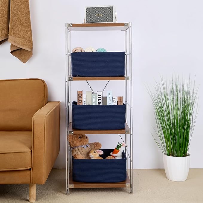 Large Storage Baskets for Organizing, Closet Shelf Baskets for Clothes Blanket Towels, Baby Nursery, Toy Bins Box, Woven Rope Baskets, 17 x 13 x 7.5”, 4 Packs Navy Blue-Ruum Studio Home