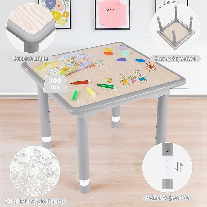 Kids Table and 2 Chairs Set, Height Adjustable (17.7"-26.1") Toddler Table and Chair Set, Multi-Activity Table with Graffiti Desktop, Children’s Table and Chairs for Classroom, Home & Daycare-Ruum Studio Home