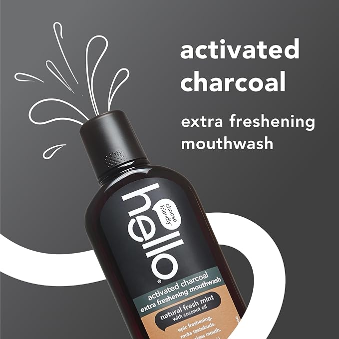 Hello Activated Charcoal Extra Freshening Mouthwash, Natural Fresh Mint and Coconut Oil, Fluoride Free, Alcohol Free, Vegan, SLS Free and Gluten Free, 16 Fl Oz (Pack of 3)-Ruum Studio Home