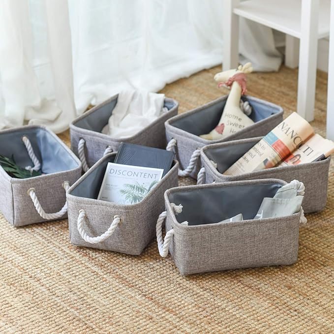 TheWarmHome Foldable Small Storage Baskets with Strong Cotton Rope Handles [6-Pack] Gray Collapsible Storage Bins Set Works Room Storage, Nursery Baskets-Ruum Studio Home