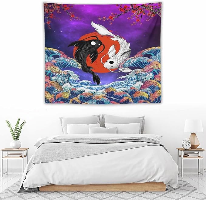 Houselerax Japanese Koi Fish Tapestry, Yin Yang Big Wave Cherry Blossom Tapestries Wall Hanging for Bedroom Living Room Office Decor 60"x50"-Ruum Studio Home