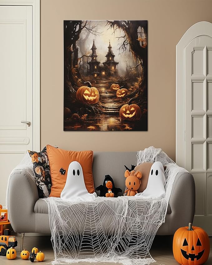 AbcCustomize Halloween Canvas Wall Art - Spooky Haunted House & Eerie Pumpkins Poster, Gothic Fall Decorations for Home, Vintage Halloween Decor Indoor for Living Room, Bedroom & Party-Ruum Studio Home