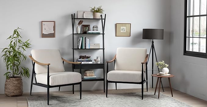 Modern Accent Chairs Set of 2 for Living Room Bedroom Mid Century Arm Chairs Upholstered Office Accent Chairs Comfy Waiting Room Chairs with Metal Frame, Cream White-Ruum Studio Home