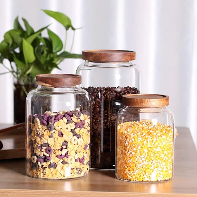 Thicken Glass Storage Jar, Food Storage Container/Canisters with Airtight Wooden Lid for Tea, Coffee, Honey, Cacao Powder,BPA Free Perfect as a Cereal Dispenser (7.6inch 2pcs)-Ruum Studio Home