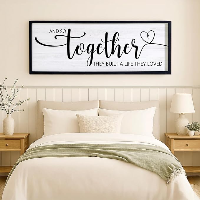 And So Together They Built A Life They Loved Decorative Rustic Sign & Plaque Framed Wall Art for Couples, 40''×15' Vintage 'Wooden Long Wall Decor Above Bed, Horizontal Farmhouse Wedding Gift-Ruum Studio Home