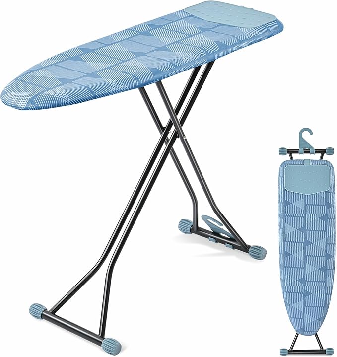 APEXCHASER Ironing Board with Iron Rest, Compact and Space Saver Iron Board, Extra Thick Cover, Height Adjustable, Wall Mount & Closet Hanger 13x43 Blue-Ruum Studio Home