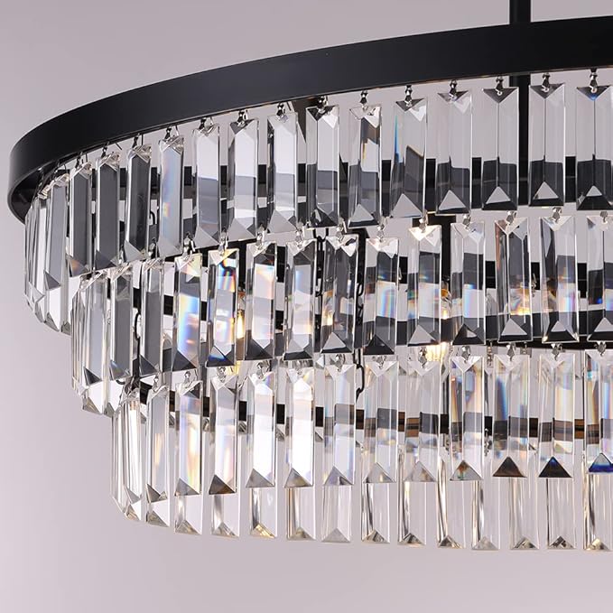 TOCHIC Chandelier 40 inch, Farmhouse Black Crystal Chandelier, Kitchen Island Lighting, Dining Room Light Fixture for High Ceiling, Modern Linear Oval Chandeliers for Living Room, Office Area, Bar-Ruum Studio Home