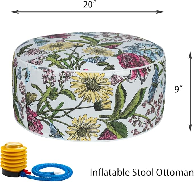 FUNHOME Inflatable Outdoor Ottoman with Air Pump,20"x9" Portable Patio Pouf,Water Resistant,Fade-Resistant,Round Blow Up Footrest Stools for Home Garden Camping Travel(Butterfly Flower)-Ruum Studio Home