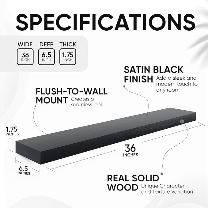Homeforia Black Floating Shelves 36 inches Long, High End Solid Real Wood 36 inch Floating Shelf for Wall Mounted, Black Wooden 36in Floating Shelves, Heavy Duty Bracket, 36 X 6.5 X 1.75 in, Set of 2-Ruum Studio Home