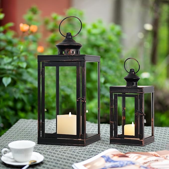 DECORKEY Large Lantern Decorative Outdoor & Indoor, Set of 2 (14’’&10’’) Metal Candle Lanterns Decor, Vintage Hanging Candle Holder for Front Porch Patio Wedding Farmhouse Home, Spring Decoration-Ruum Studio Home