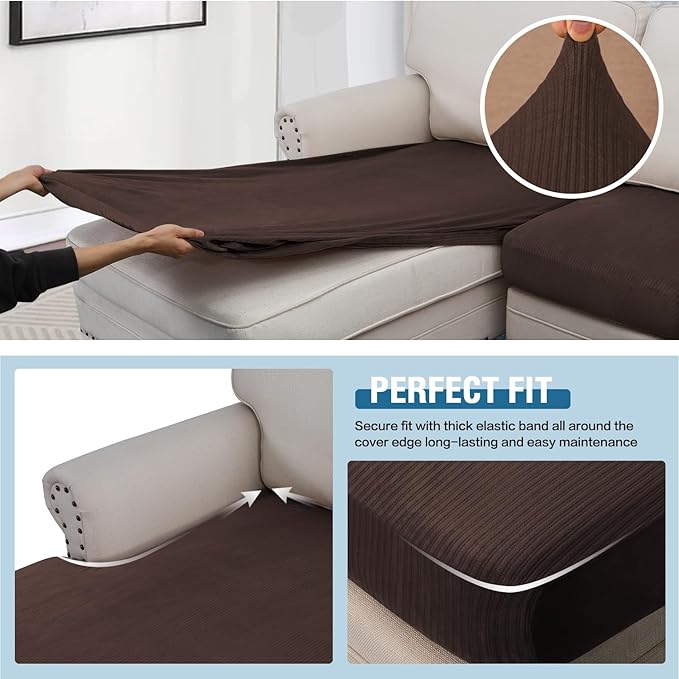 H.VERSAILTEX Velvet Stretch Sectional Couch Covers - 3 Piece L Shape Separate Cushion Set for Large 2 Seater + 1 Chaise, Brown Striped-Ruum Studio Home