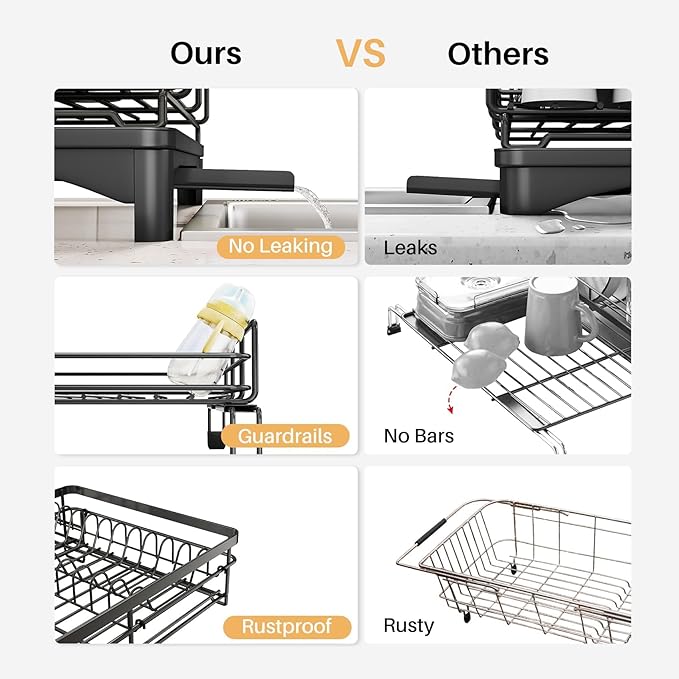 Dish Drying Rack - Extendable Dish Rack, Large Sink Drying Dish Drainer for Kitchen Counter, Stainless Steel Dish Strainer with Utensil Holder (Black)-Ruum Studio Home