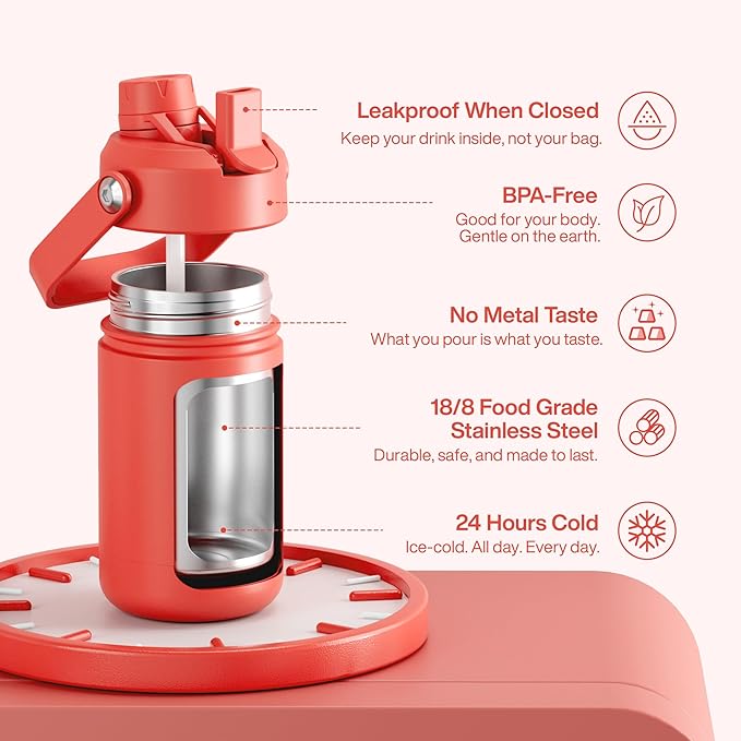 Kids Insualated Water Bottle with Straw - 12oz Stainless Steel Water Bottle with Dual Spouts, Leak-Proof, BPA-Free, Double Wall Vacuum Keeps Cold for 24 Hours for Sports, Travel, School (Tawny Orange)-Ruum Studio Home