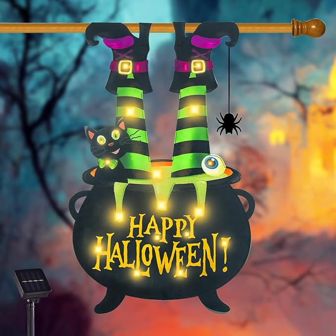 Halloween Lighted Garden Flag for Outside, Witch Feet Shape Flag Yard Decor, 8 Modes Double Sided Cauldron Eyeball Black Cat Outdoor Hlloween Decorations for Home Porch (Warm White-28x40)-Ruum Studio Home