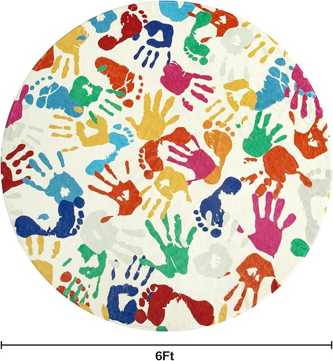 STARUIA Large Round Rug for Classroom 6 Ft, Colorful Circle Rug for Nursery, Washable Kids Rug for Playroom, Soft Circular Carpet Handprints and Footprints Play Mat for Kids Bedroom Toy Room-Ruum Studio Home