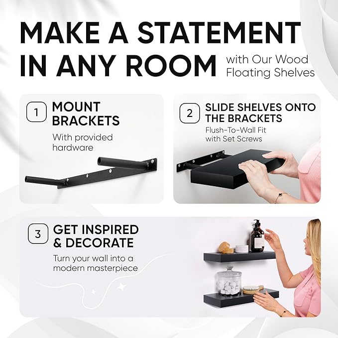 Homeforia Floating Shelf Black 12 inch, High End Solid Real Wood Small 12inch Floating Shelves for Wall Mounted, Black Wooden 12 in Floating Shelves, Heavy Duty Bracket, 12 X 6.5 X 1.75 inch, Set of 4-Ruum Studio Home
