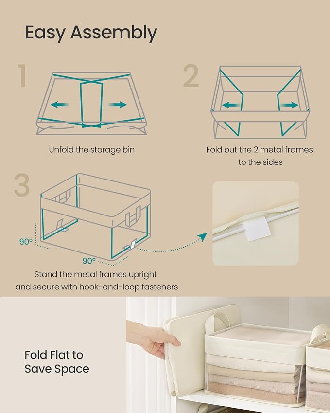 SONGMICS Storage Bins Set of 3, Small Fabric Storage Baskets, Foldable Organizer with Transparent Nylon Mesh, 11.8 x 7.9 x 5.9 Inches, Handles, for Bathroom, Kitchen, Cream White URFB915W01-Ruum Studio Home